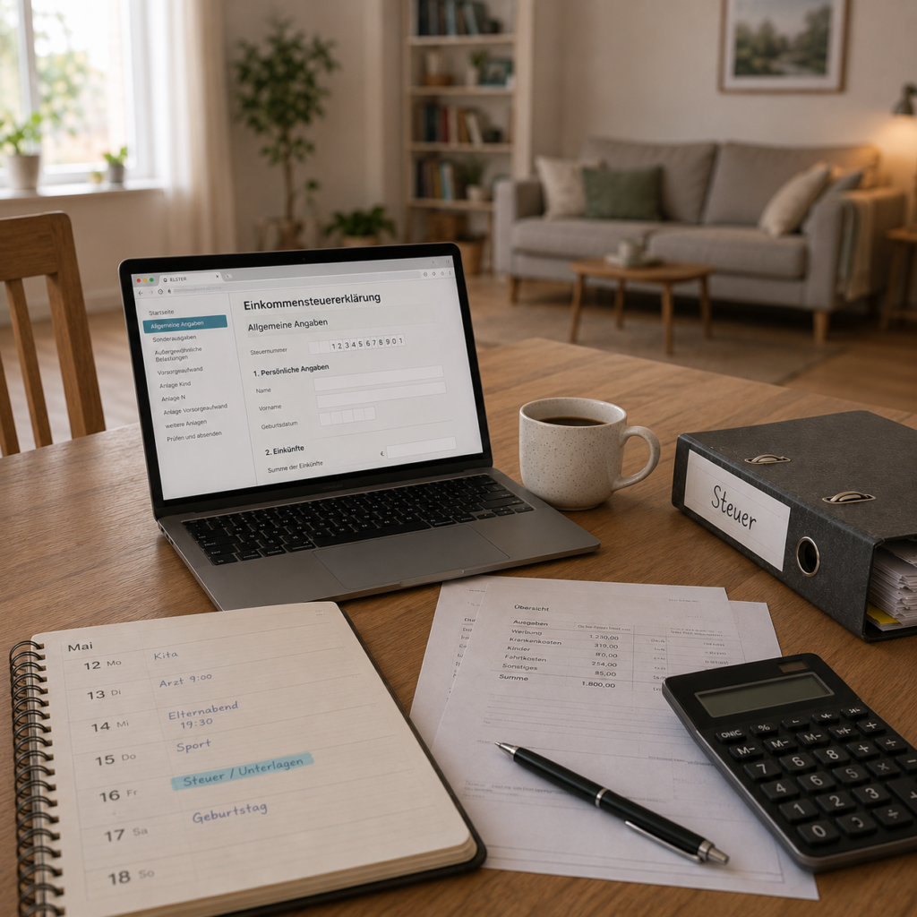 Laptop mit Steuerformular, Taschenrechner und Ordner, Symbol für die Steuererklärung im Trennungsjahr