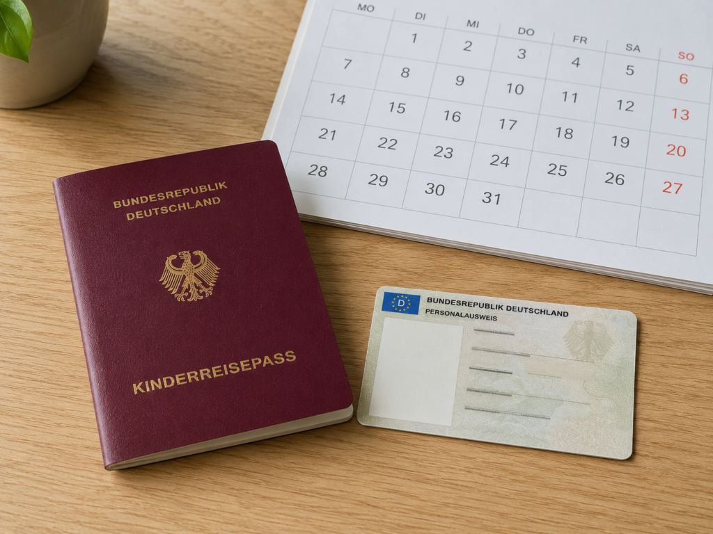 Kinderreisepass und Personalausweis auf einem Tisch, Symbol für und Reisen mit Kind
