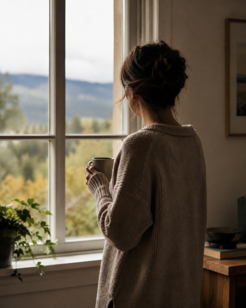 Person steht nachdenklich am Fenster mit einer Tasse, Symbol für den Neuanfang nach der Trennung