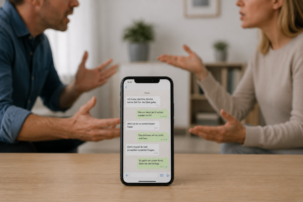 zwei streitende Eltern, dazwischen ein Smartphone mit einem Chat-Verlauf für Nachrichten dokumentieren