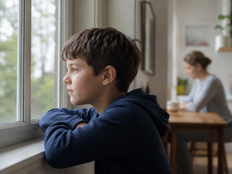 Kind blickt aus einem Fenster, im Hintergrund unscharf ein Elternteil, als Symbol für Distanz, Loyalitätskonflikt und elterliche Entfremdung