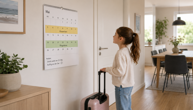 Kalender mit farbig markierten Ferienwochen und ein Koffer als Symbol für Ferien planen nach Trennung