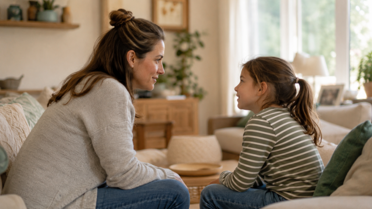 über die Trennung sprechen: Elternteil sitzt bei Kind und spricht ruhig mit ihm