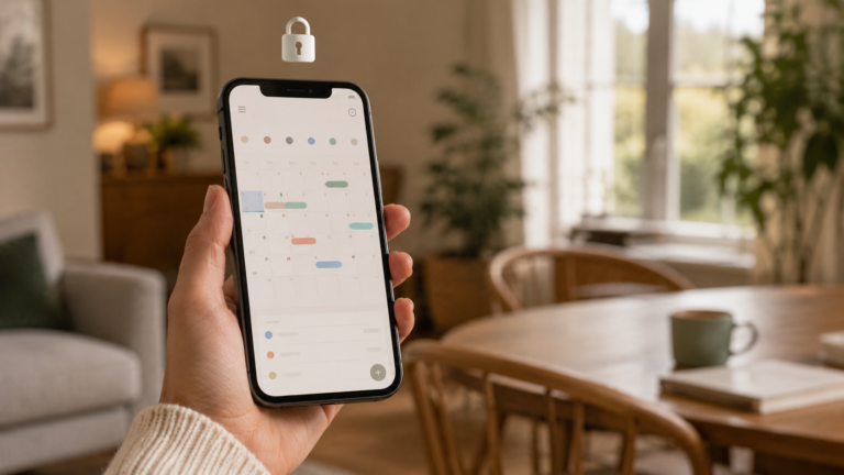 Smartphone mit Schloss-Symbol und Familienkalender als Sinnbild für Datenschutz bei Co-Parenting-Apps