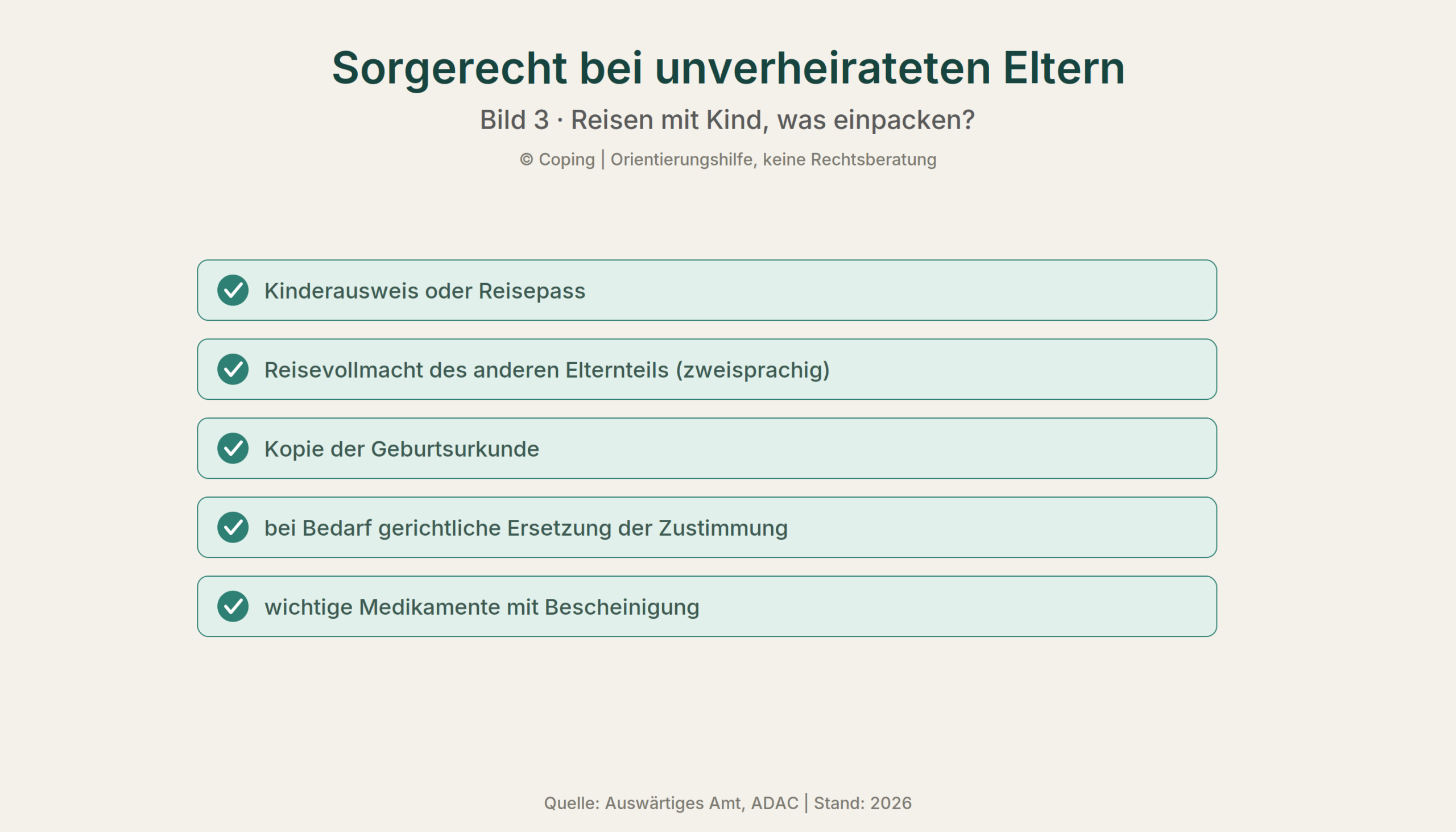Checkliste: Reisen mit Kind, was einpacken? Kinderausweis oder Reisepass, Reisevollmacht des anderen Elternteils zweisprachig, Kopie der Geburtsurkunde, bei Bedarf gerichtliche Ersetzung, wichtige Medikamente mit Bescheinigung.