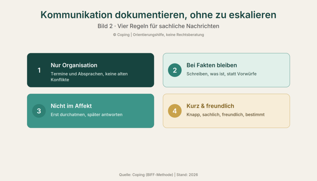 Infografik: Die vier Regeln für sachliche Nachrichten als Merkbild (nur Organisation, bei Fakten bleiben, nicht sofort antworten, kurz und freundlich)