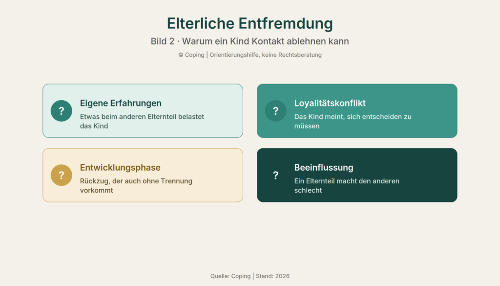 Infografik: Sachliche Übersicht möglicher Gründe, warum ein Kind Kontakt ablehnt (Beeinflussung, eigene Erfahrungen, Loyalitätskonflikt, Entwicklungsphase). Bewusst neutral, um Einseitigkeit zu vermeiden.